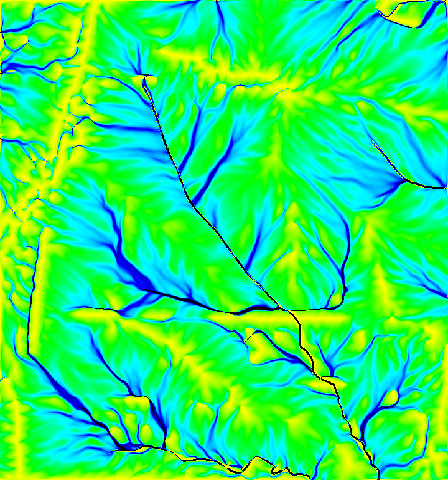 r.carve example: carved DEM flow accumulation