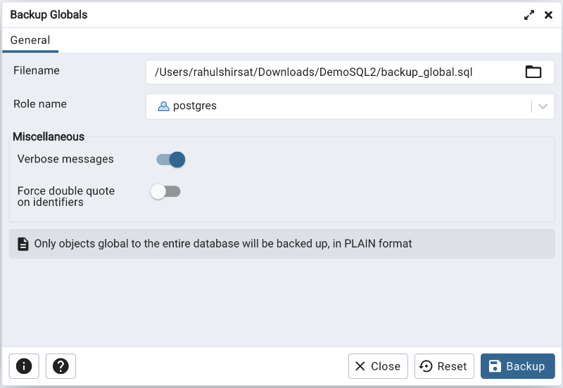 Backup globals dialog