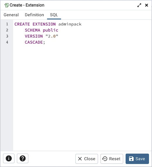 Extension dialog sql tab