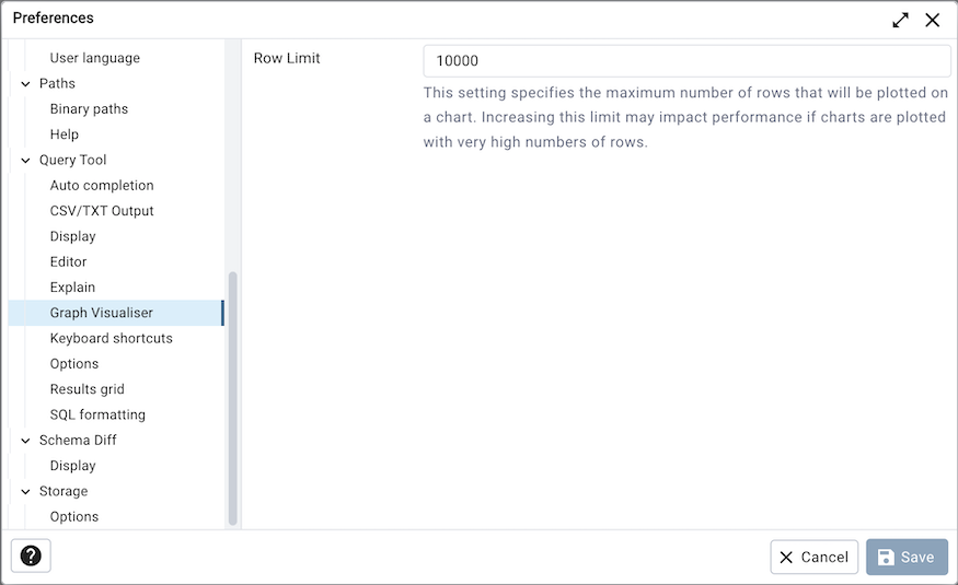 Preferences dialog sqleditor graph visualiser section