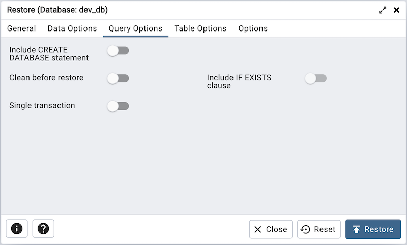 Restore dialog queries section