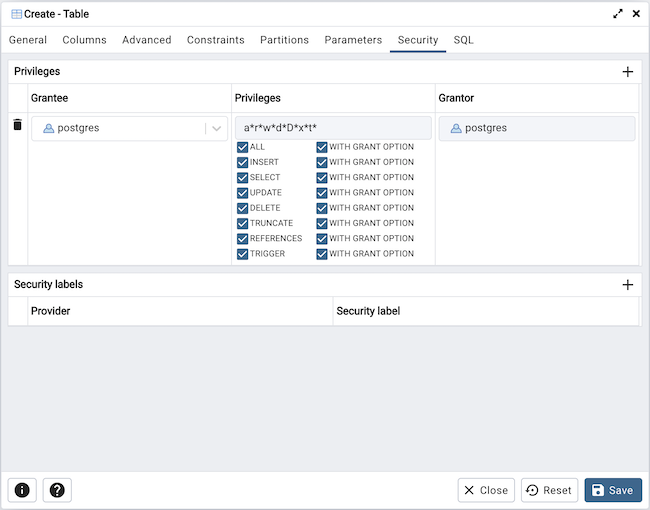 Table dialog security tab